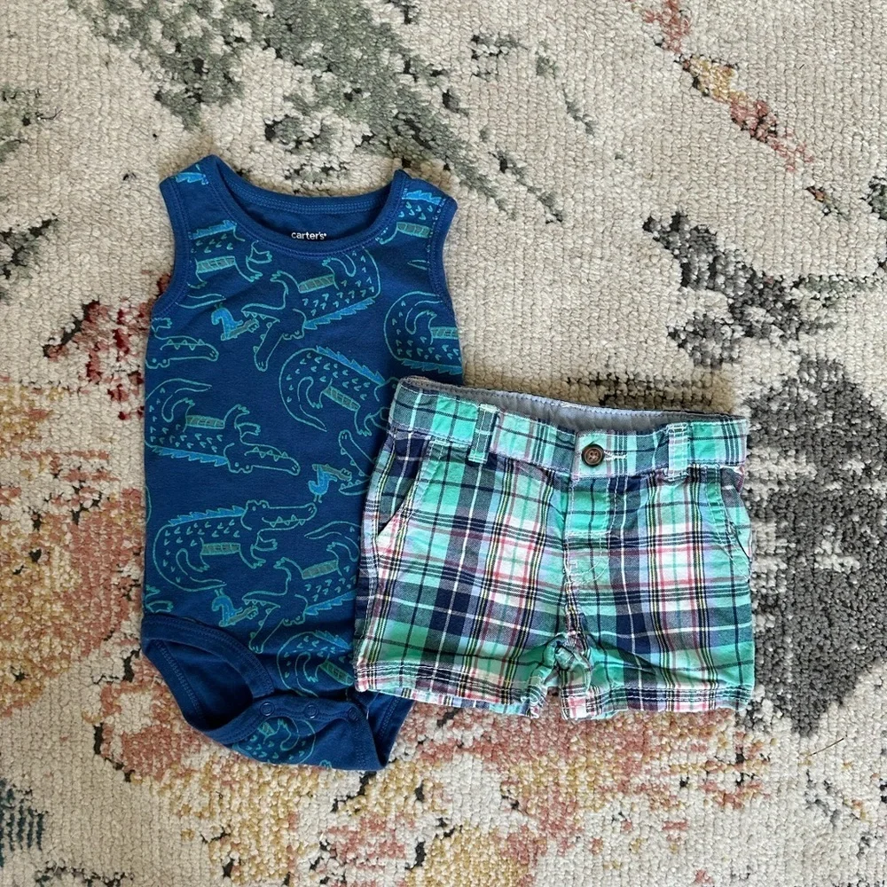 Carter’s 12 Month Retro Baby Boy Summer Outfit Plaid Shorts & vibrant Dino top